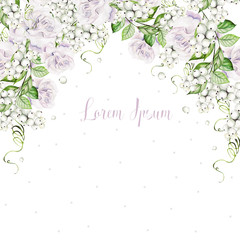 Beautiful watercolor wedding card with watercolor snowberry, leaves and tender roses. 