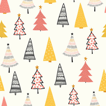 Christmas doodle trees vector background. Seamless pattern hand drawn trees. Decorative holiday background. Winter design orange gold pink white for fabric, gift wrap, card decoration, scrapbooking