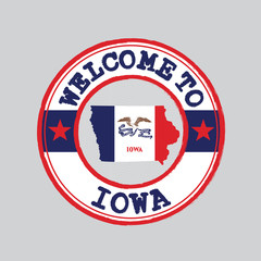 Vector stamp of welcome to Iowa with map outline of the nation in center. the states of America.