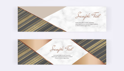 Web banners with black and grey, golden glitter ink painting liquid and frame marble texture. Modern templates for invitation, logo, card, flyer, poster, save the date