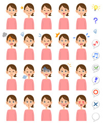 髪を縛った女性の20種類の表情　母親、妻