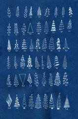 New Year card, white pattern on a blue background, different Christmas trees.