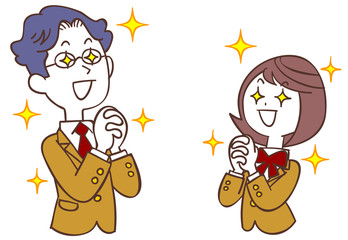 向かい合って祈る男女の学生　ベージュのブレザー