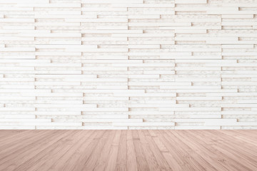 Marble tile wall pattern textured background in light white beige color with wooden floor in red brown tone