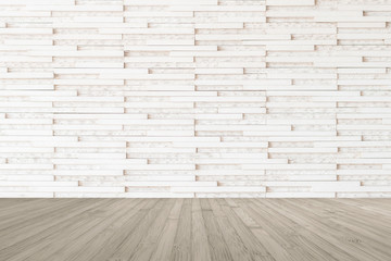 Marble tile wall pattern textured background in light white beige color with wooden floor in sepia brown tone