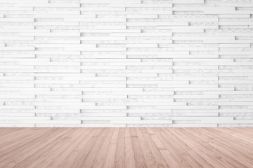 Marble tile wall pattern textured background in light white color with wooden floor in red brown