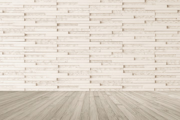 Wood floor with granite jigsaw tile wall pattern textured background in sepia brown