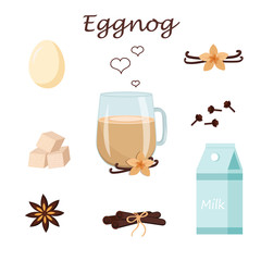 Drink Eggnog and a set of ingredients for its preparation-egg, vanilla, cinnamon, cloves, milk, sugar, love. Stock vector graphics. Isolated on white background
