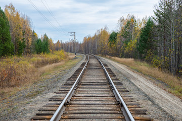 Fototapeta na wymiar Single track railway in the autumn forest.