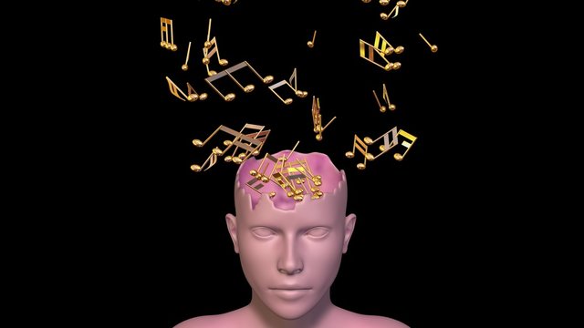 Musical Notes, Symbols Emitted From Female Head. Uploading, Downloading Music Themes. 3d Rendering , Illustration