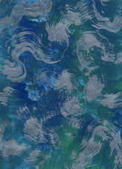Emerald green background with silver wavy brush strokes. Background in grunge style. Drawn in gouache and acrylic. Work in blue and green colors with a beautiful abstract pattern.