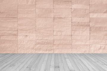 Red brown rock tile wall with wooden floor in grey for interior background