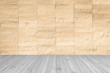 Yellow beige rock tile wall with wooden floor in light grey white for interior background
