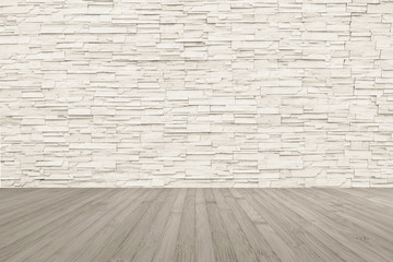Limestone rock tile wall backdrop in light white color with wooden floor in light sepia colour