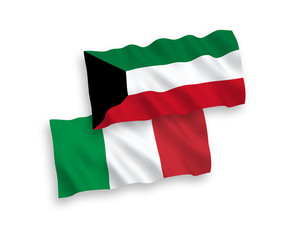 Obraz premium National vector fabric wave flags of Italy and Kuwait isolated on white background. 1 to 2 proportion.