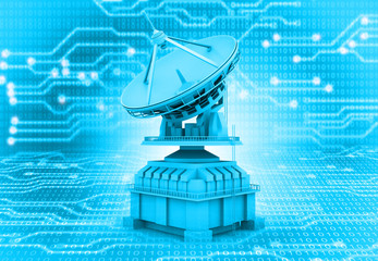 Satellite dish on hightech circuit background. 3d illustration