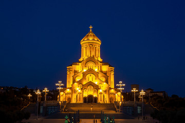 Fototapeta na wymiar Night view of Holy Trinity Cathedral of Tbilisi (Sameba) - the main cathedral of the Georgian Orthodox Church. Georgia.