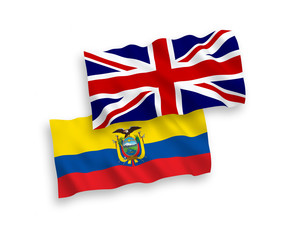 National vector fabric wave flags of Great Britain and Ecuador isolated on white background. 1 to 2 proportion.