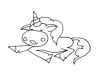 Coloring book for kids - unicorn sleeping sweetly . Black and white cute cartoon unicorns. Vector illustration.