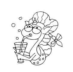 Coloring book for kids - unicorn njoys drinking smoothie through a straw. Black and white cute cartoon unicorns. Vector illustration.