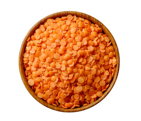 Red split lentil in wooden bowl isolated on white background