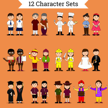 Set of twelve different cartoon characters