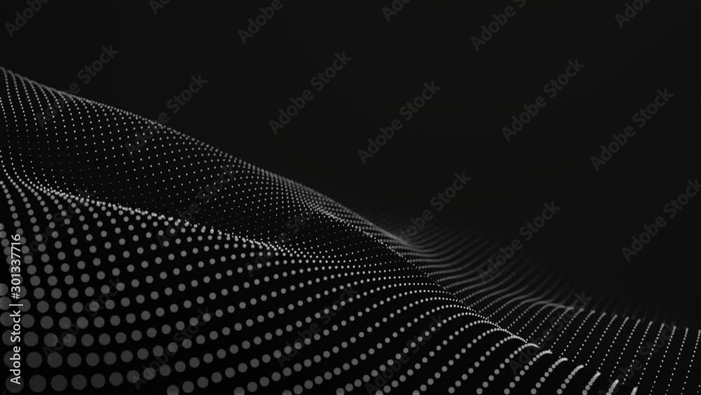 Poster futuristic grid wave of white halftone digital dots data smooth seamless animation on dark with dim 