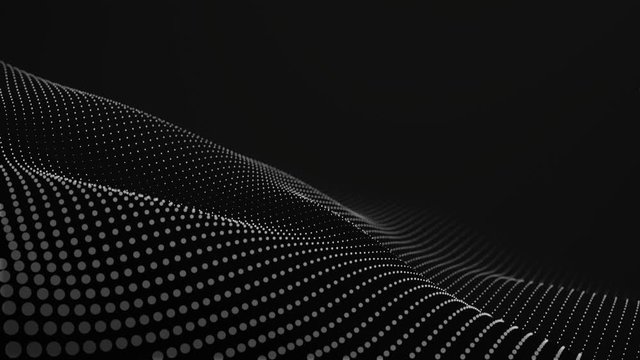 Futuristic grid wave of white halftone digital dots data smooth seamless animation on dark with dim light background. Flow particles landscape. For cyber technology, sound visualization, big data