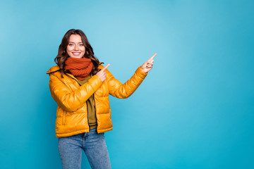 Photo of pretty lady indicating finger empty space showing best low prices wear stylish autumn...