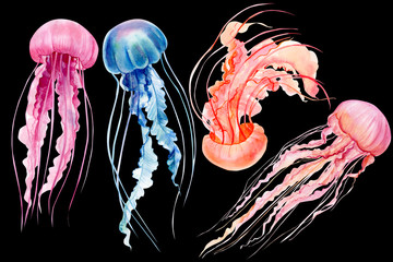 set of jellyfish on an isolated black background, watercolor illustration, hand drawing © Hanna