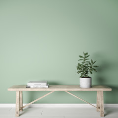 mock up interior in farmhouse style, blank wall in green background, wooden rustic bench, with green plant, 3D render, 3d illustration
