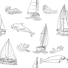 Nautica seamless pattern with ships, yachts, sea animals, dolphin and sea knots. Hand drawn elements for summer holidays - 301339947