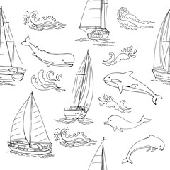 Nautica seamless pattern with ships, yachts, sea animals, dolphin and sea knots. Hand drawn elements for summer holidays - 301339972