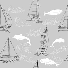 Nautica seamless pattern with ships, yachts, sea animals, dolphin and sea knots. Hand drawn elements for summer holidays - 301339990