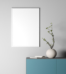 Mock up White Frame Poster with gray modern Interior Design background, with beige vase, illustration,  ,3d rendering Template