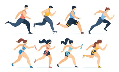 Fototapeta na wymiar Cartoon Men Jogging and Women Running Marathon Set