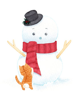 Cute christmas snowman wearing hat and scarf and cat on white background. watercolor illustrations. Painting for decoration in winter advertising.
