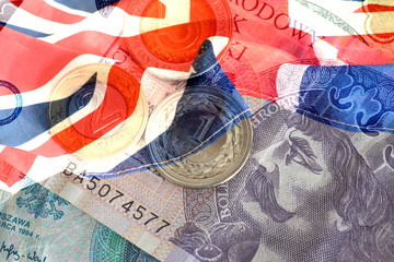 Flagge von Großbritannien und Geld Polnische Zloty PLN - obrazy, fototapety, plakaty