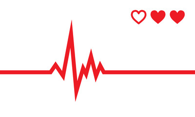 Heartbeat line with game lives hearts. Pulse trace. EKG and Cardio symbol. Healthy and Medical concept.