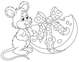 Joyful and friendly smiling little mouse with a big and tasty holiday gift cheese, black and white vector cartoon illustration for a coloring book