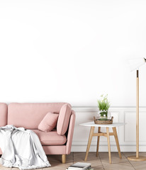 Cozy Interior Mock up on empty white wall, Pink Sofa In Living Room, Scandinavian Style, 3D Render, 3D Illustration