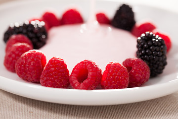 fresh raspberries and blackberries laid out on a white plate in circle with yogurt