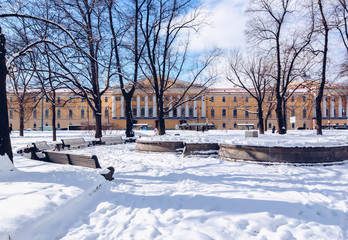 Beautiful winter landscape with snow-white trees, architecture at frosty snow winter day, St Petersburg, Russia.