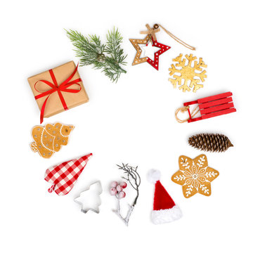 Christmas composition of gifts and decorations arranged in a circle