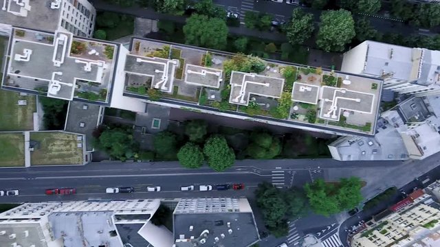Overhead aerial drone shot view of Paris 14e Alesia street 