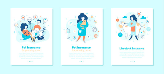 Pets and livestock insurance mobile app onboarding screen templates set