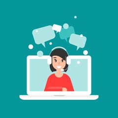 Happy operator on computer screen with headphones and microphone. flat vector illustration on blue background.