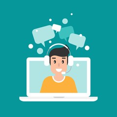 Man operator on laptop screen with headphones and microphone. flat vector illustration on blue background.