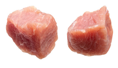 Raw and fresh (diced) pieces of turkey meat (chicken). Isolated on white background.