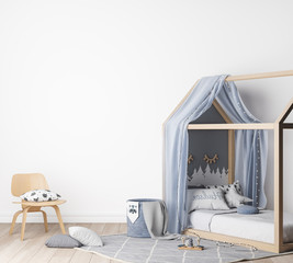Mock up kids bedroom in white background, modern nursery style, 3D render, 3D illustration	